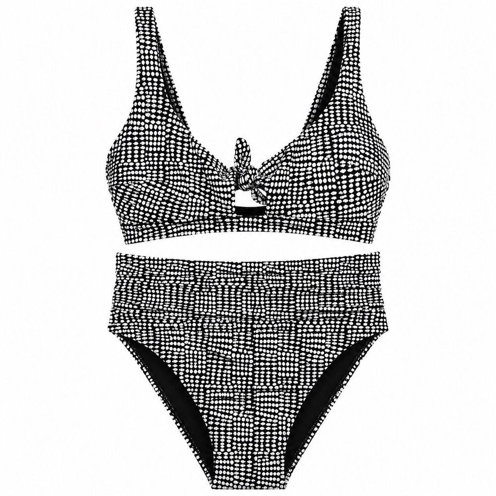 Aerie Bikini Set Medium Black White Dot Knot Front High Cut Cheeky Swimsuit